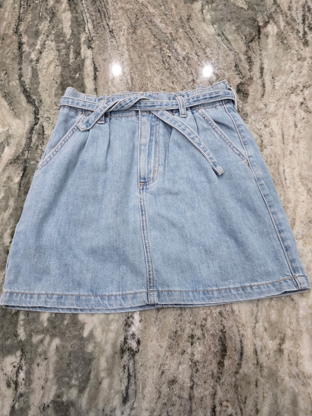 Hollister Denim A-Line Skirt with Tie Belt, Light Blue, Size 5 W27